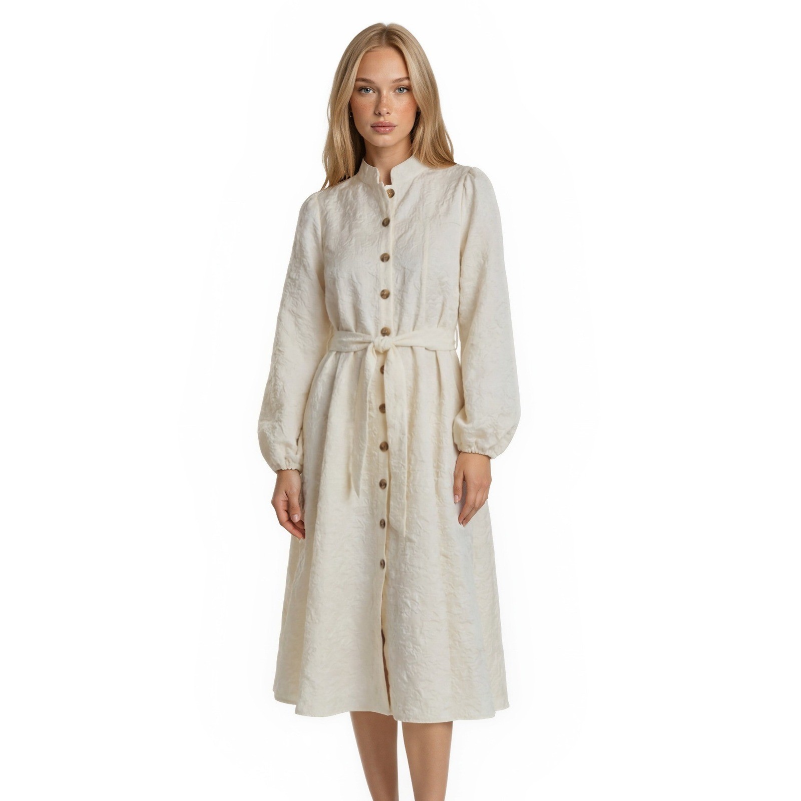 Sunday Up Jacquard Dress Womens Size Medium Cream Belted Midi Vintage 70s
