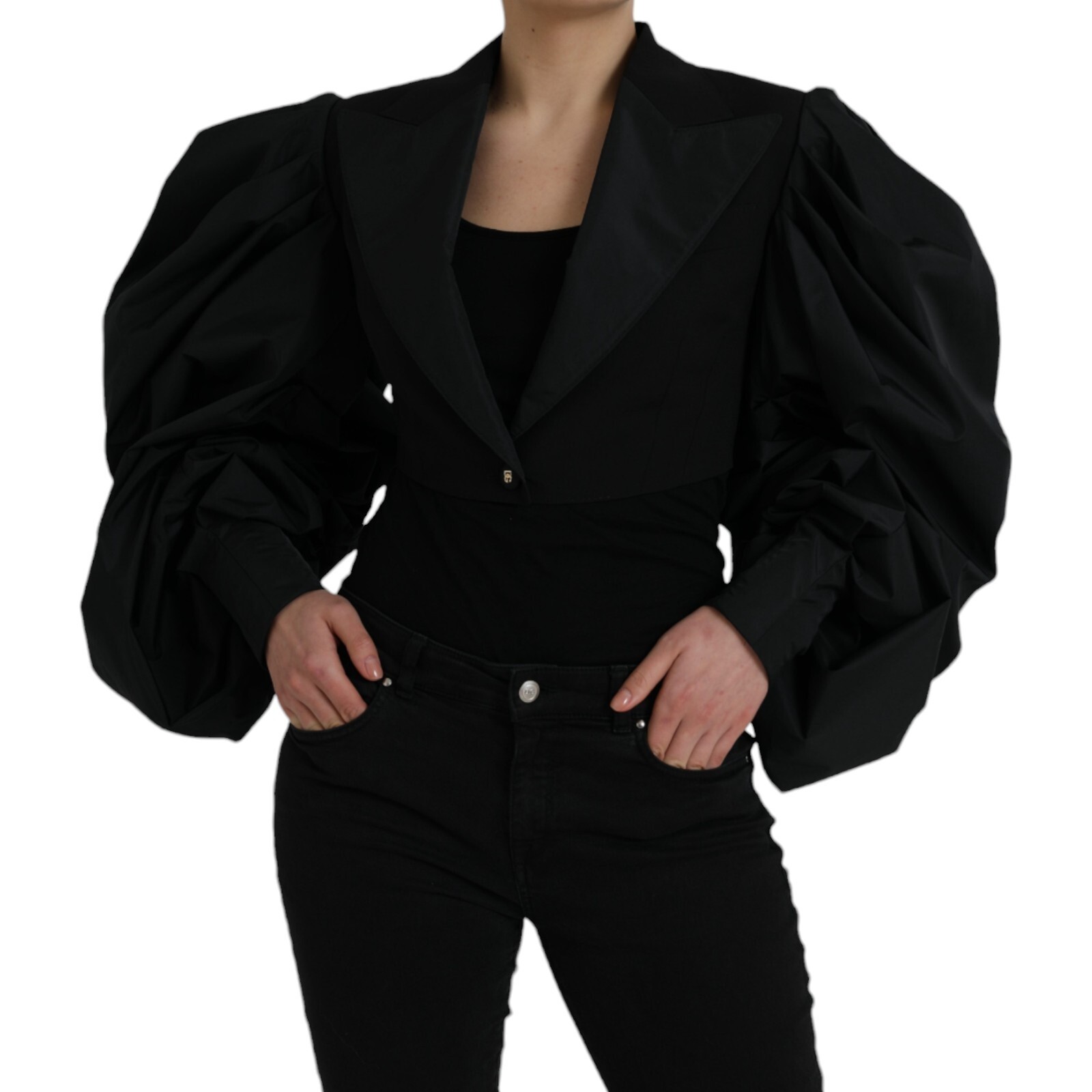 Pre-owned Dolce & Gabbana Jacket Black Polyester Puffed Sleeves Cropped It40/us6/s 2070usd