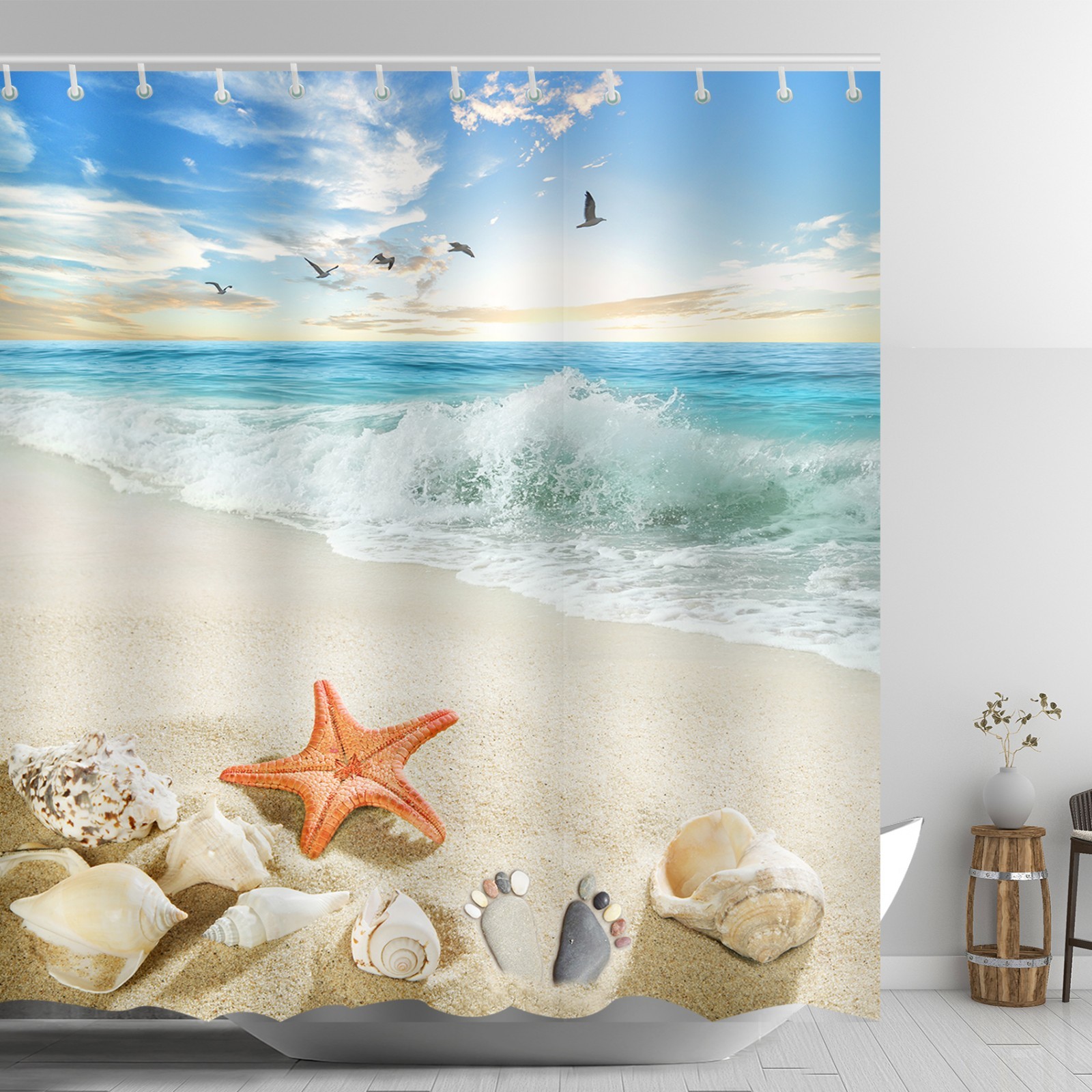 Beach Themed Shower Curtain Red Starfish Ankle Stone Sandy Coastal
