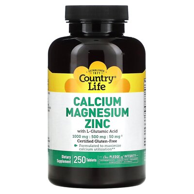 Country Life Calcium Magnesium Zinc 250 Tablets GMP Quality Assured,