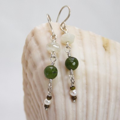 Artisan Dangle Earrings Green Agate Jade Mini Pearls Czech Sterling Silver