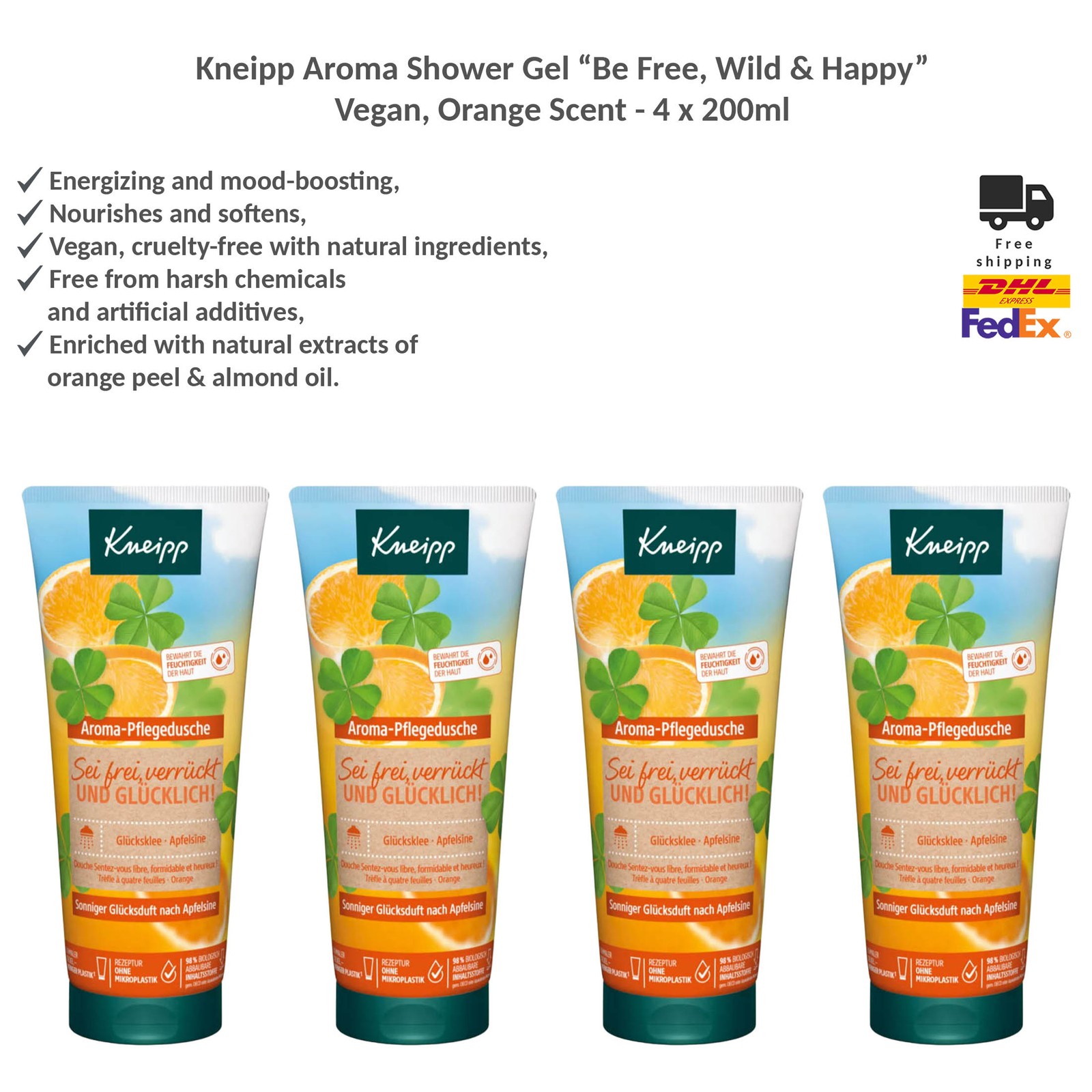 Kneipp Aroma Shower Gel Be Free, Wild & Happy – Vegan, Orange Scent 4x200ml