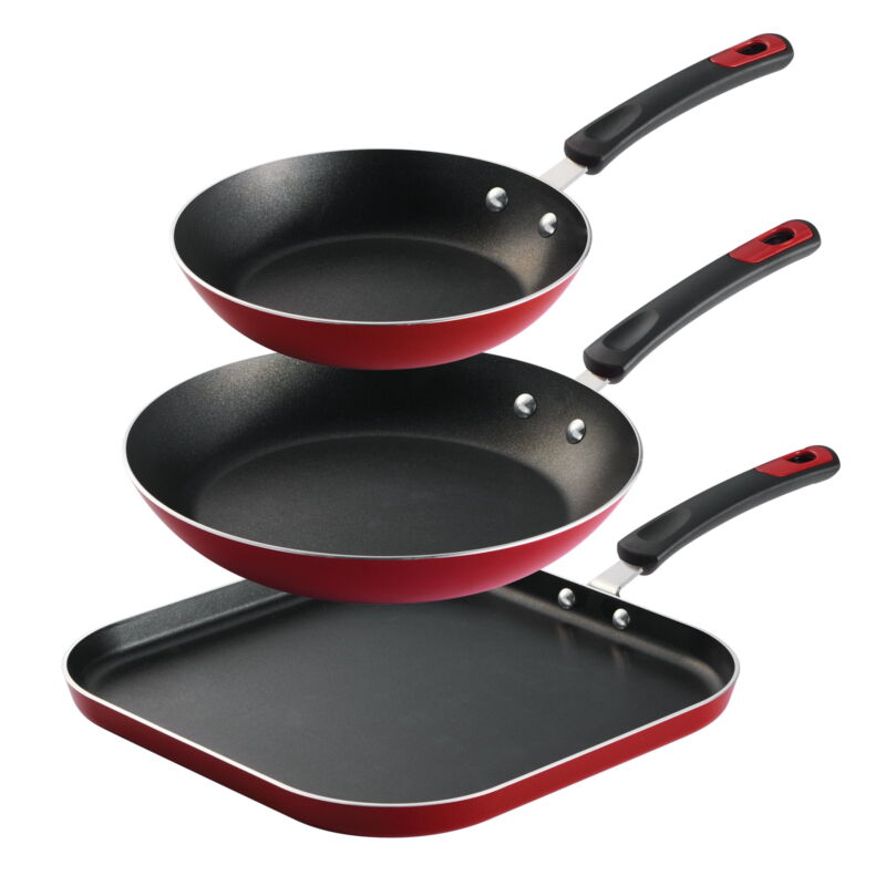 Everyday 3 Pieces Aluminum Nonstick Fry Pan and Griddle Set Metallic Red