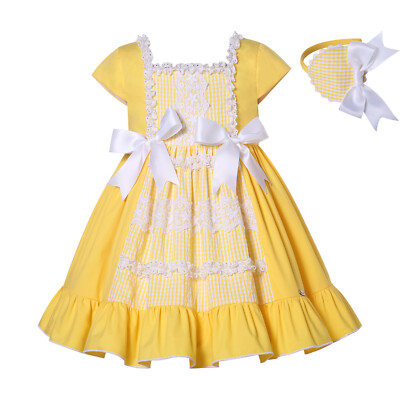 Pettigirl Vestido amarillo de Pascua Vestido de encaje con volantes + Diadema