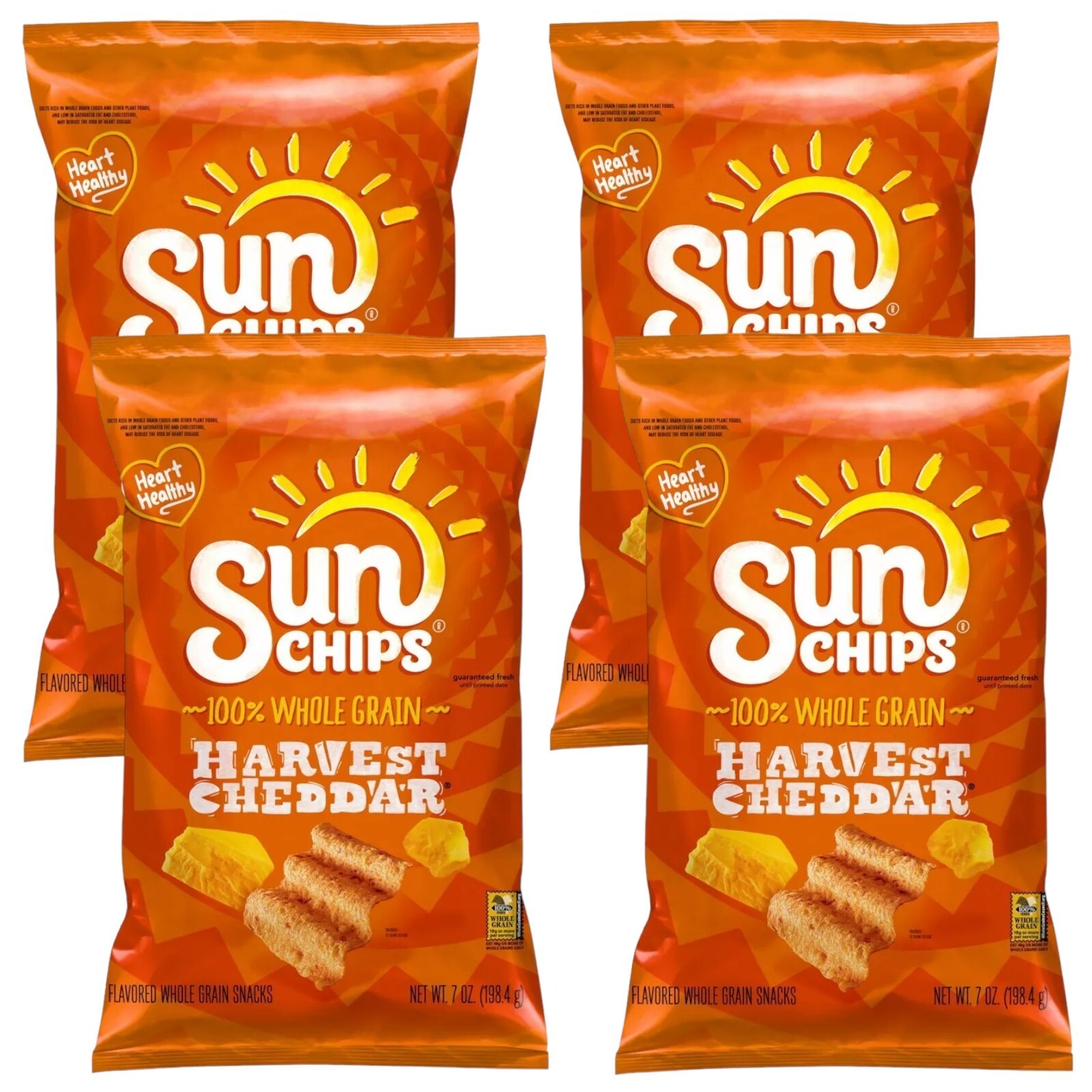 SunChips HARVEST CHEDDAR 100% Whole Grain Snacks, 4 Bags 7Oz Air Fried Sun Chips