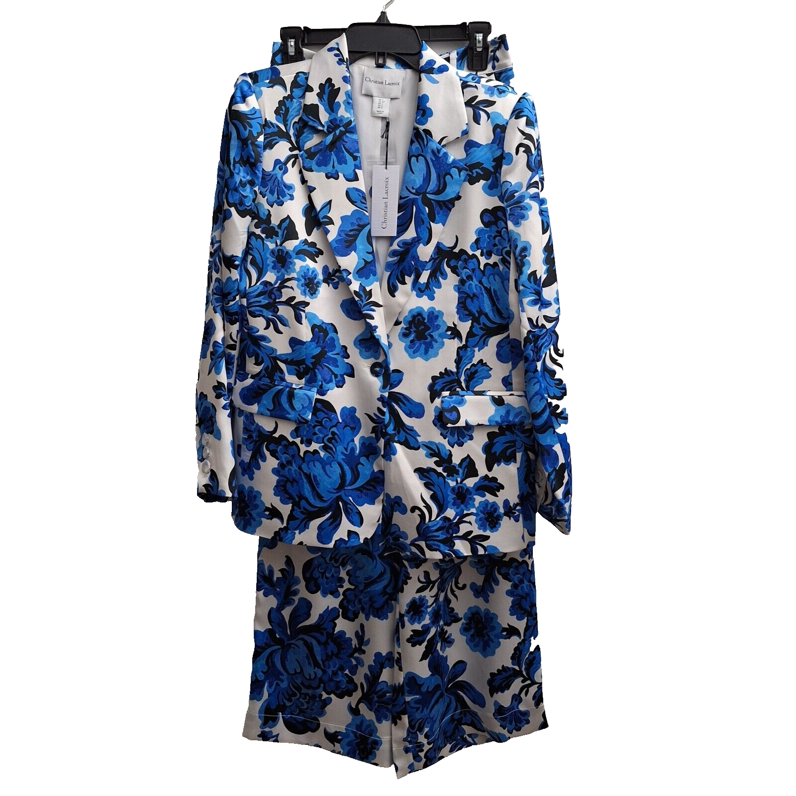 Christian Lacroix Blue White Floral Pant Suit Lined Blazer