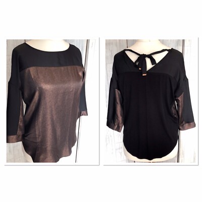 Oasis Black & Bronze Shimmer Tie Back Drop Shoulder Top Small NWOT