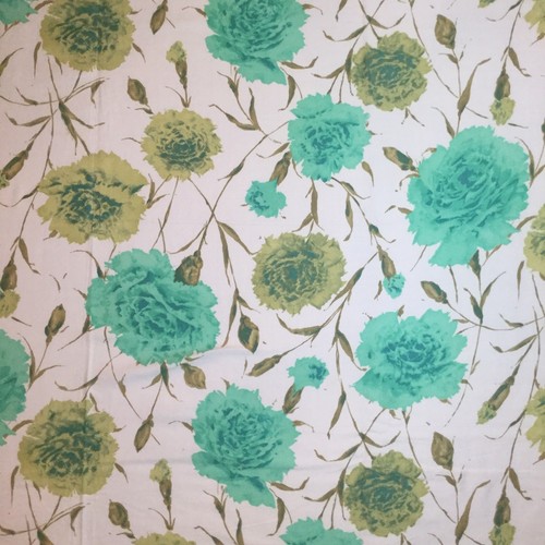 1.75 Yds Mid Century COTTON SATEEN FABRIC Carnation Print Olive Green Aqua White