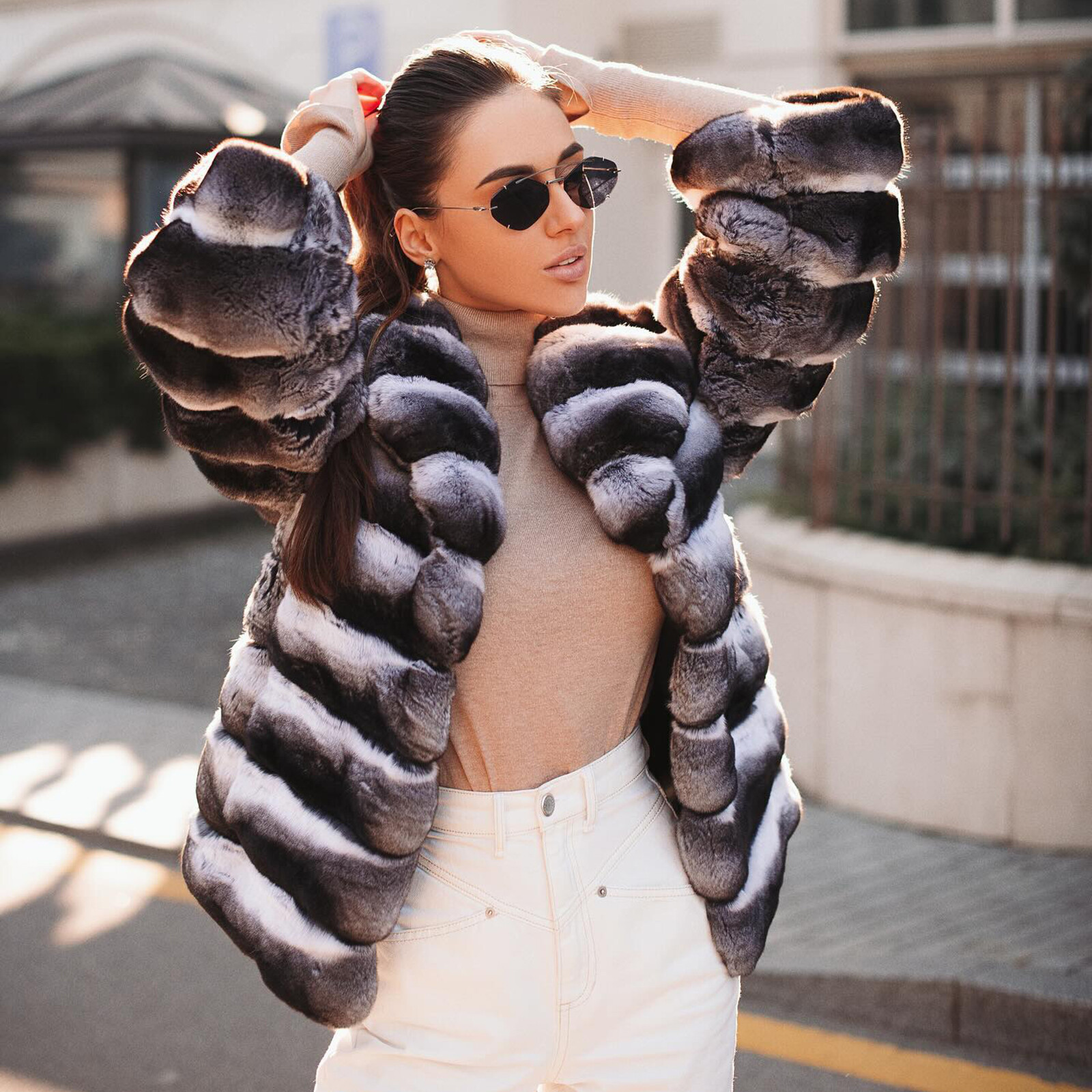 New Women Short Real Rex Rabbit Fur Coat Winter Chinchilla Jacket