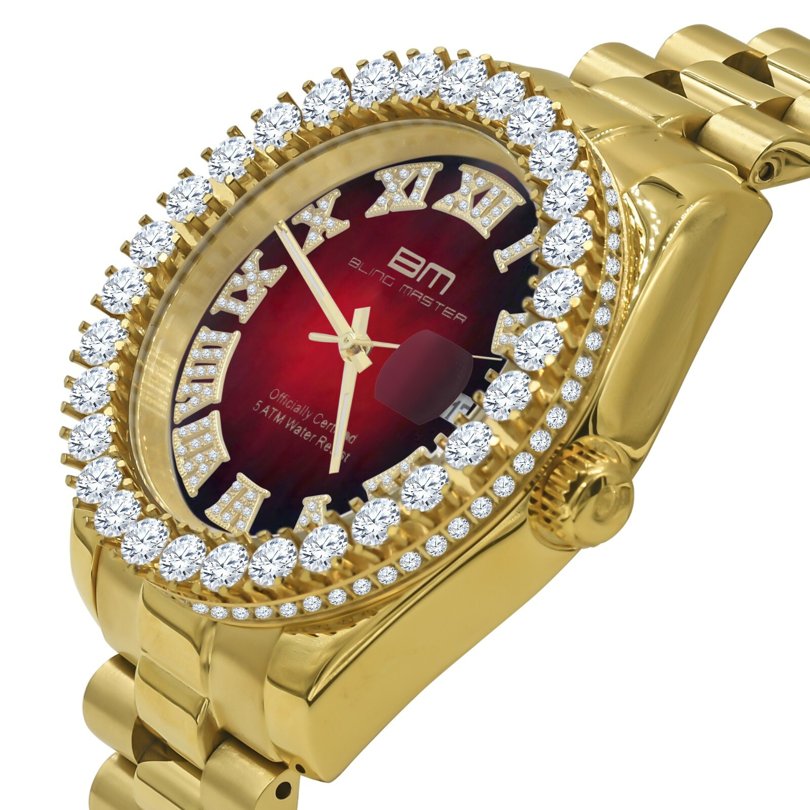 Pre-owned Bling Master Ruby Red Dial Solid Stainless Steel Men's 18k Yellow Gold Tone Finish Watch 42mm