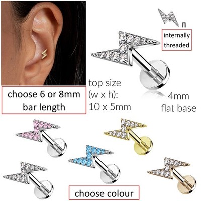 Lightning Bolt Labret * Internally threaded 6 or 8mm Bar * Cartilage Tragus Lip