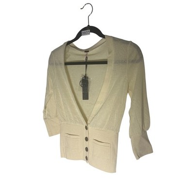 Poof Apparel Cream Ivory Cropped Cardigan Sweater 3/4 Sleeve  Size M