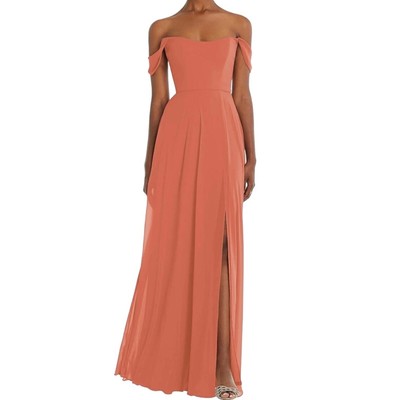 After Six Chiffon Terracotta Copper Off Shoulder Basque Neck Maxi Dress 0 NWT