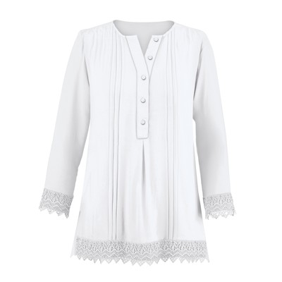 Lace Trimmed 3/4 Length Sleeve Pintuck Tunic with Button Placket