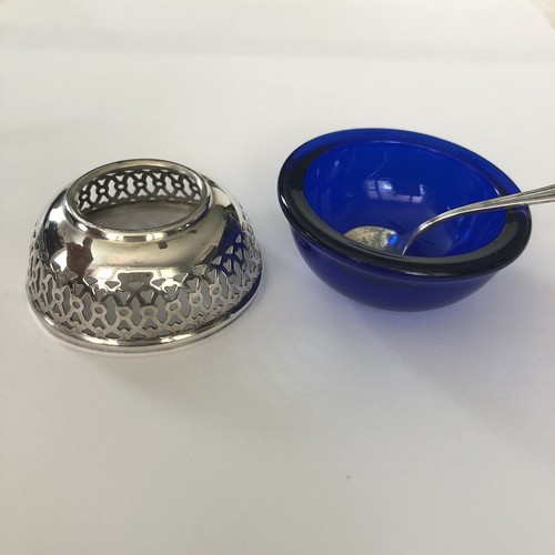Webster Sterling Silver & Blue Cobalt Glass Salt Cellar & Tiny Salt Spoon
