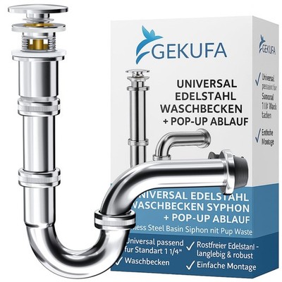 Universal Waschtisch Siphon mit Pop Up Ablaufgarnitur Waschbecken mit Überlau...