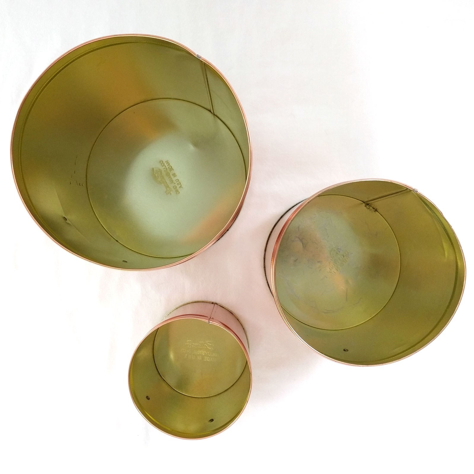 Vintage Ballonoff Copper Tone Canisters w/ Brass Labels Flour Sugar Tea Set of 3