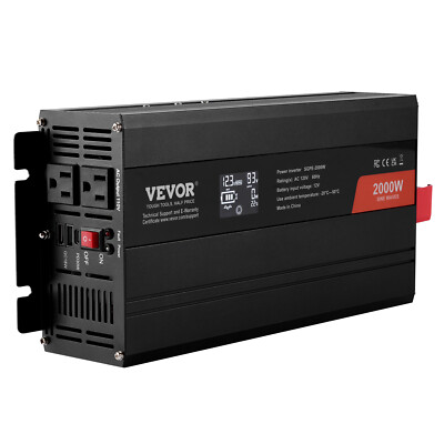 VEVOR Pure Sine Wave Power Inverter 2000W DC12V to AC120V LCD Remote Control CE