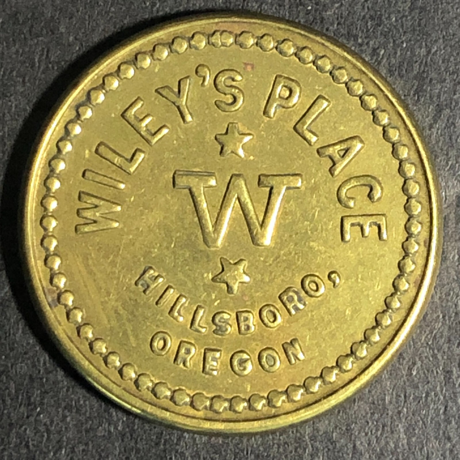 T.S.Y.Ａ.K Wiley's Place Hillsboro Oregon - G/F 5c Brass Trade Token 