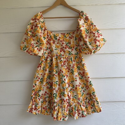 Koton X Afra Saracoglu Dress Floral Lemons Puff Sleeve Square Neck Size 34 Small