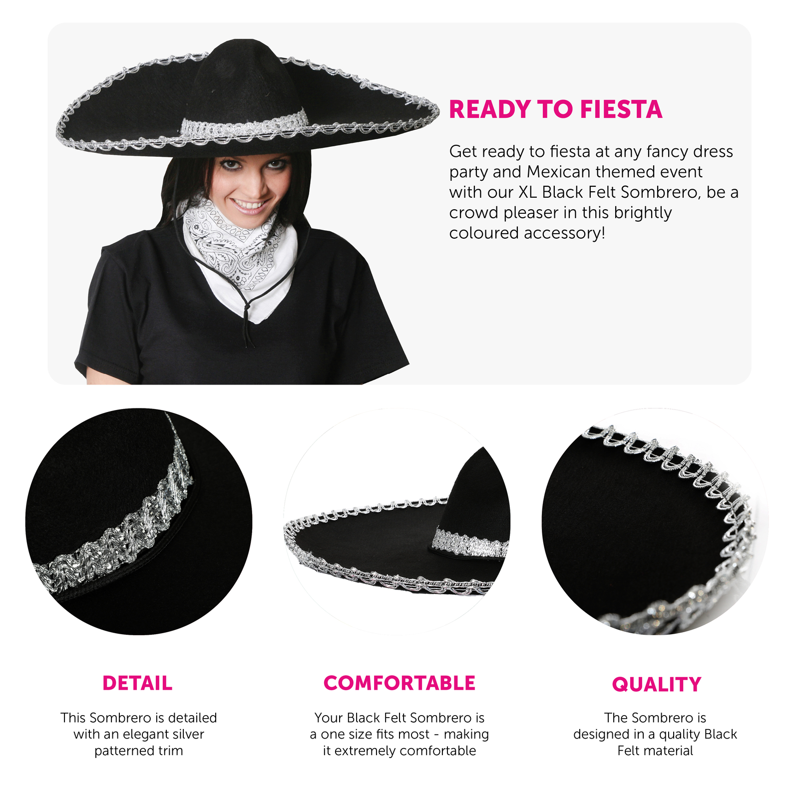XLARGE FELT SOMBRERO HAT PINK OR BLACK MARIACHI BAND MEXICAN  display picture 3