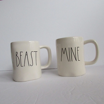 Lot Of 2 Rae Dunn Mine and Beast Coffee Tea Mugs Cups White Large Letter