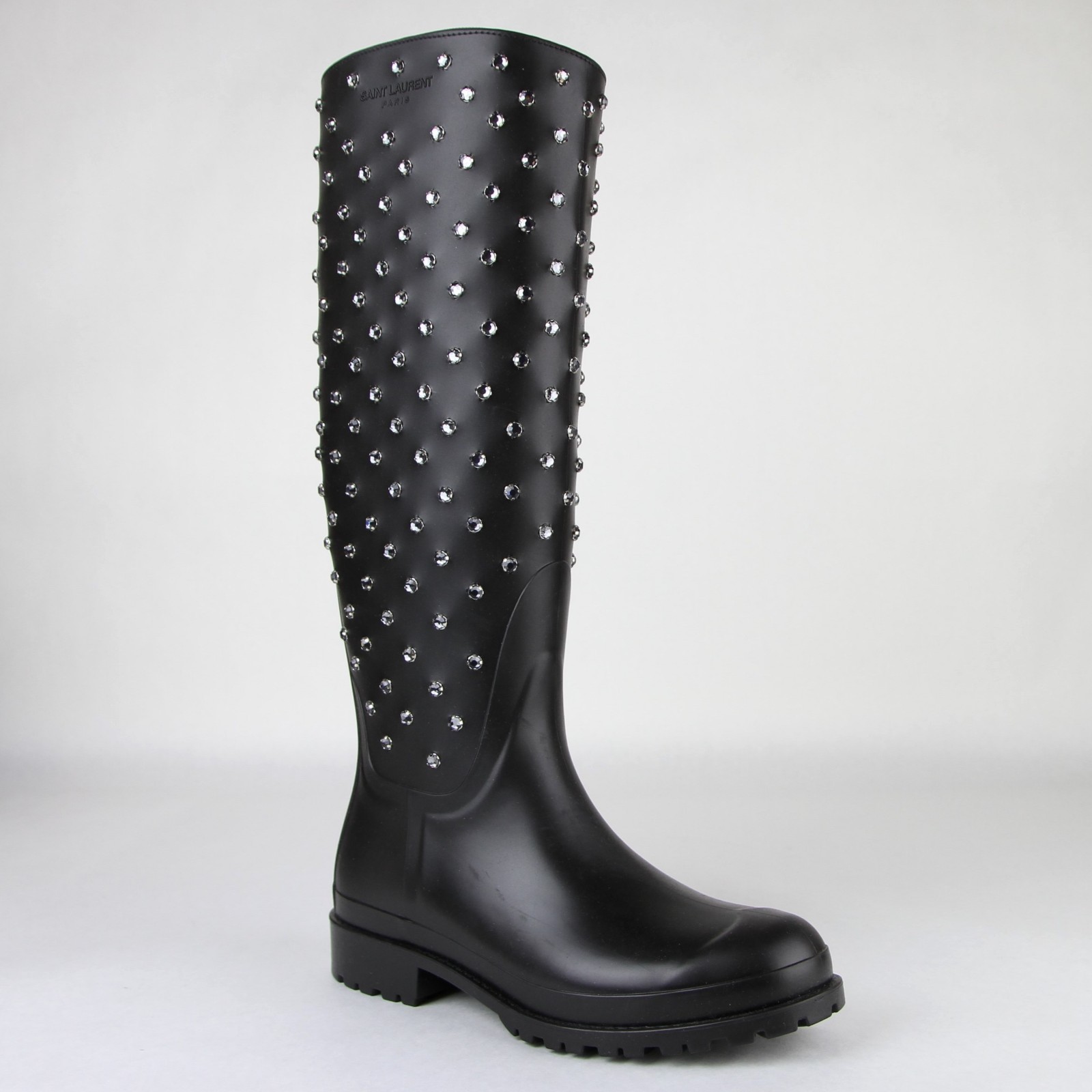 Pre-owned Saint Laurent Women Black Rubber Rain Boots W/crystal Studs 427307 1000