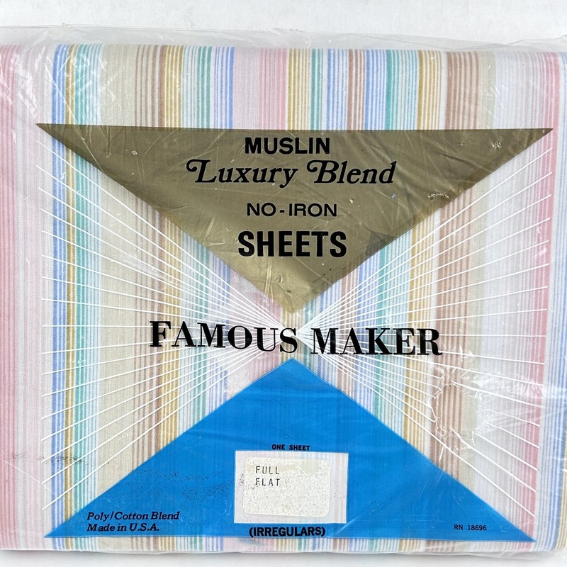 NIP vintage 70s FAMOUS MAKER STRIPED FLAT SHEET muslin luxury blend 80s USA NOS