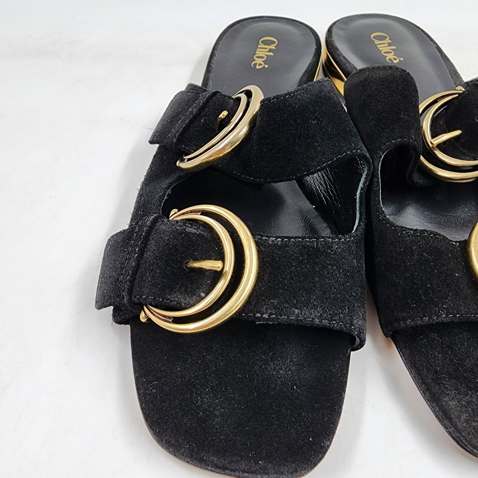 Chloé Alize Buckled Slide Sandals Women's 6.5US Black/Gold Open Toe Slip On - Picture 6 of 21