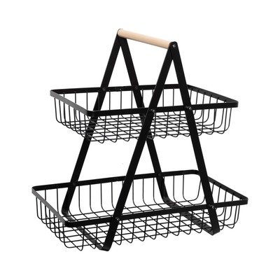 Two Tier Basket Tray with Natural Wood Handle