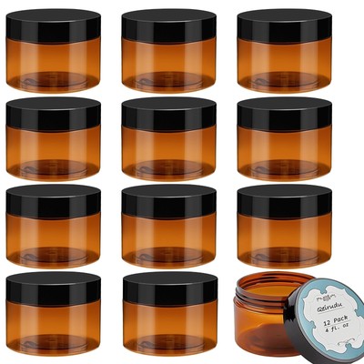 4 oz Amber Plastic Jars with Lids and Labels, 12 Pack Empty Brown Body Butter...