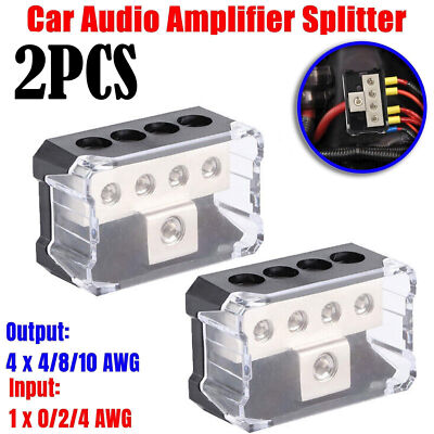 2Pcs Power Ground Amp Distribution Block 0/2/4 Gauge Input 4/8/10 Gauge Output