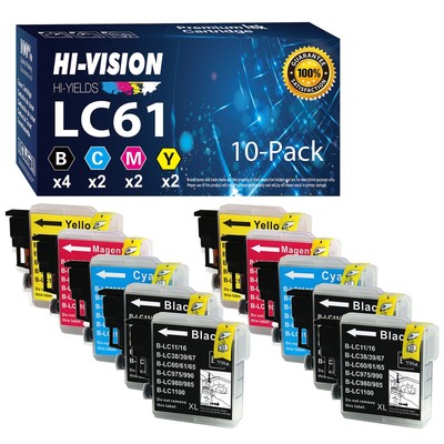 10 Pack Compatible LC-61 LC61 4 Black 2 Cyan 2 Yellow 2 Magenta Ink Cartridge...