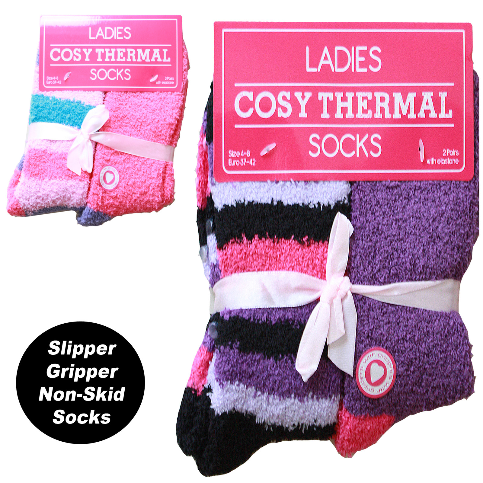 ladies 2 or 4 Pairs Womens Slipper Gripper Socks Fluffy Bed Socks