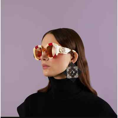 Pre-owned Gucci Sunglasses Gg1308s 003 Havana Red Ivory Gold Brown Lens Women Authentic In Ivory Red Havana