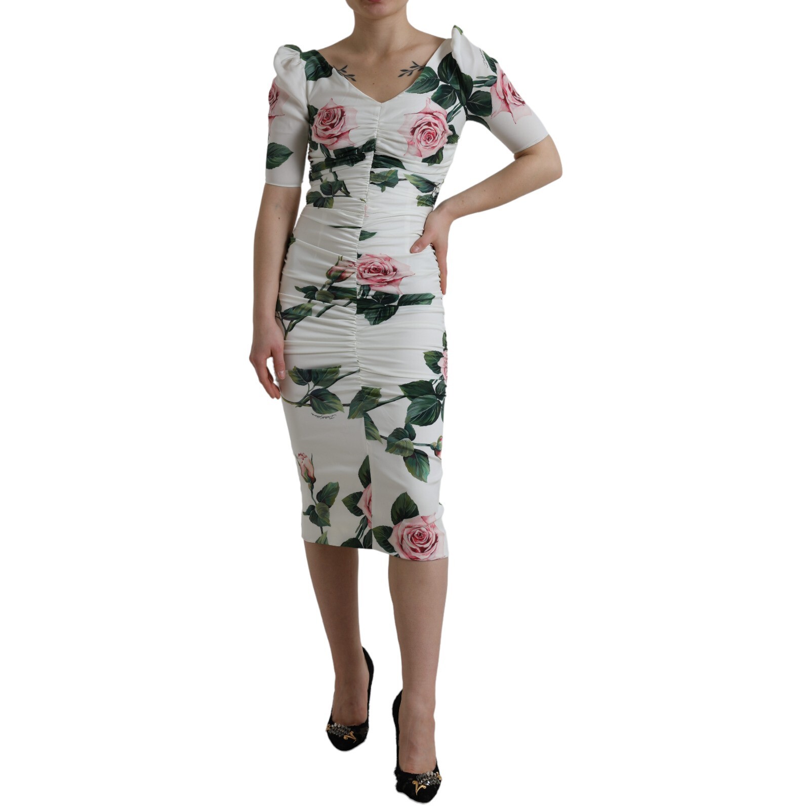 DOLCE & GABBANA Dress White Roses Print Stretch Silk Pleated