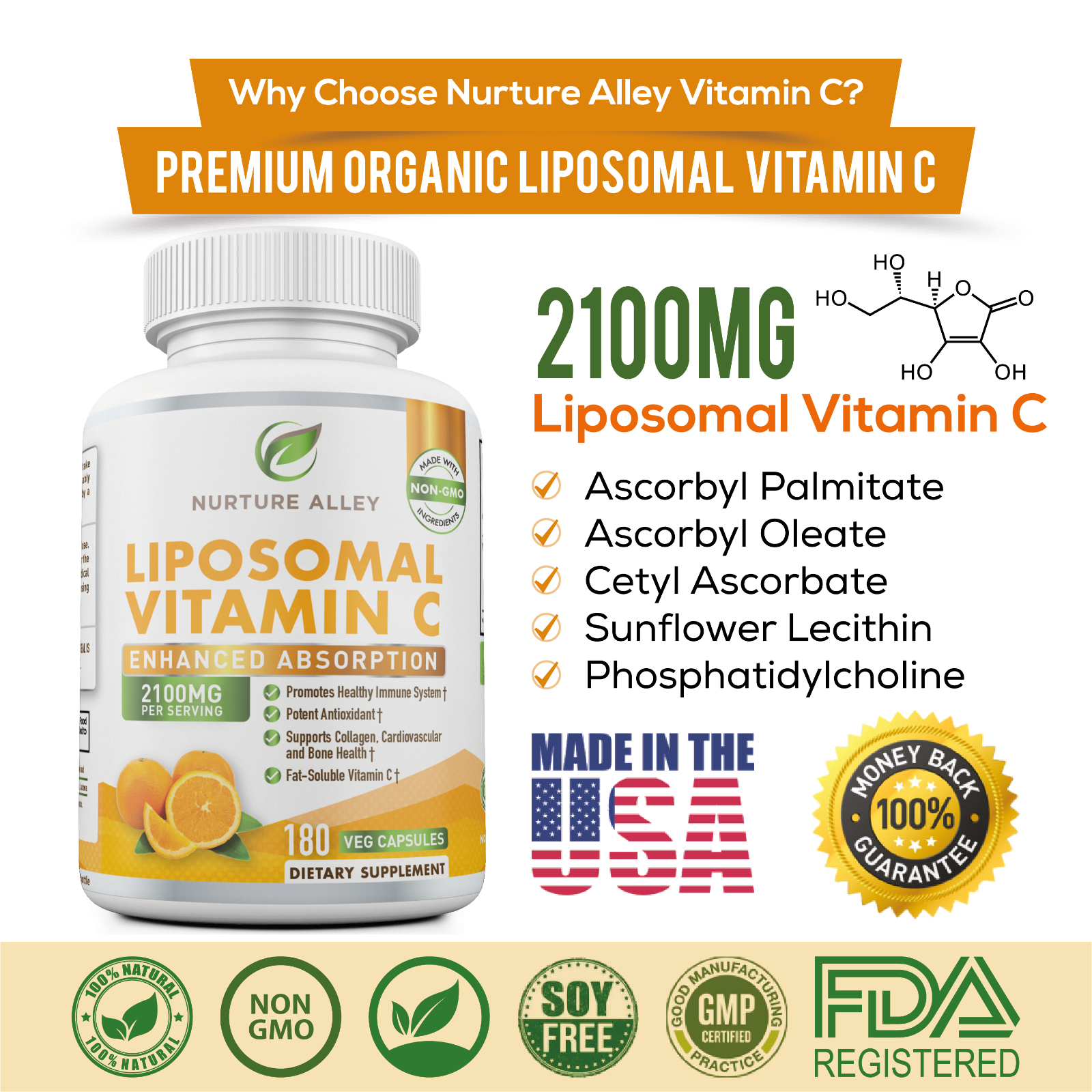 Nurture Alley Natural Organic Vegan Liposomal Vitamin C 2100mg High Absorption