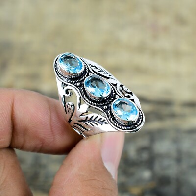 Swiss Blue Topaz Gemstone Handmade Sterling Silver vintge Ring Jewelry For Gifts