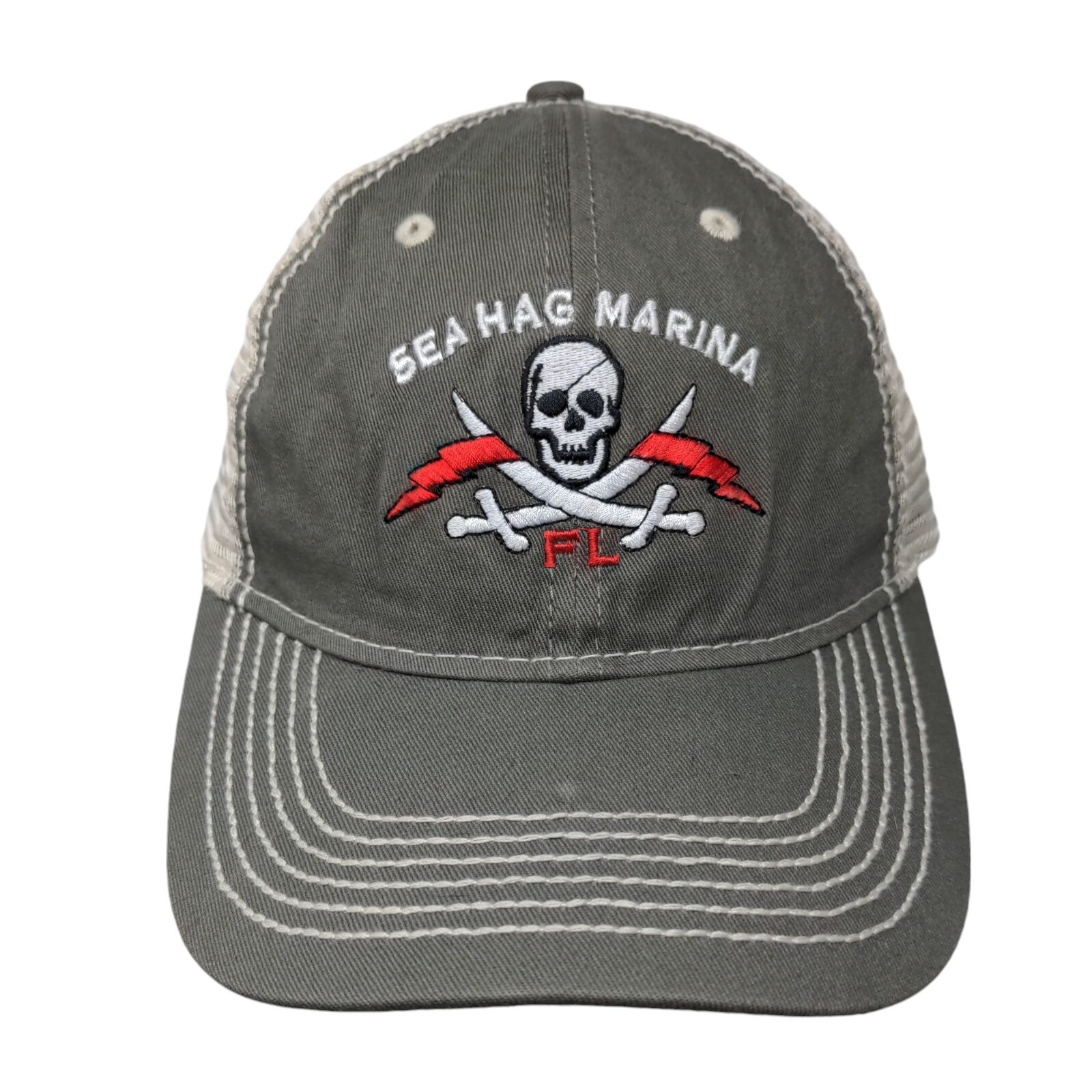 Sea Hag Marina FL Skull Trucker Hat Gray OSFA Adjustable