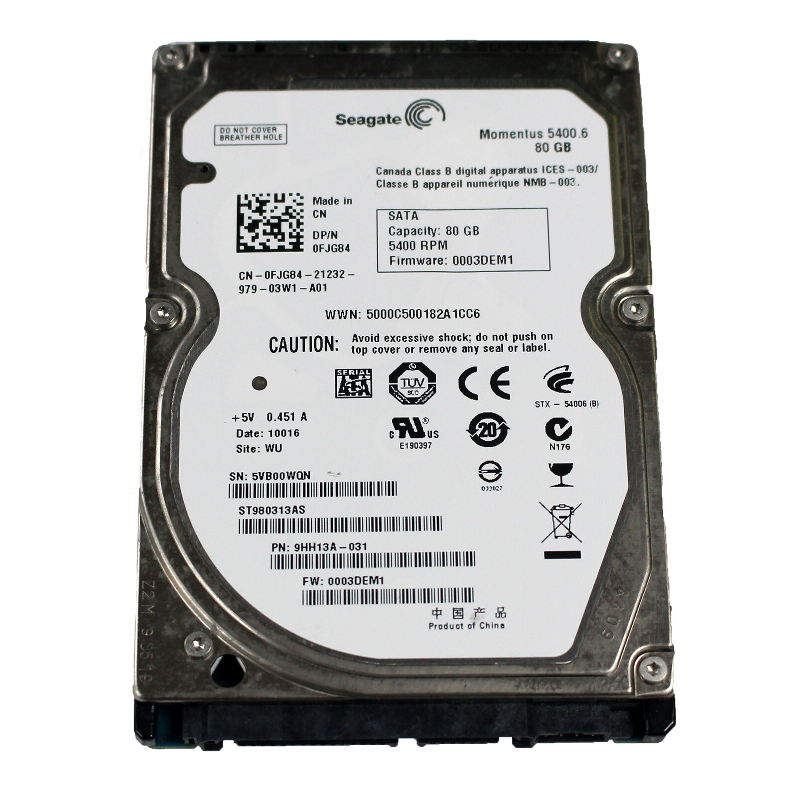 Lot of 5 Seagate Momentus 80GB SATA HDD 3Gb/s 8MB 5400RPM