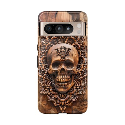Tough Phone Case Skull Wooden Carved Smile 3D Design. iPhone, Samsung, Google