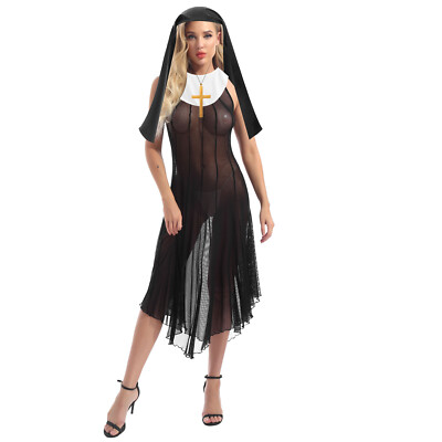 Womens Naughty Nun Role Play Outfits Religious Nun Fancy Dress Up 3pcs Sexy