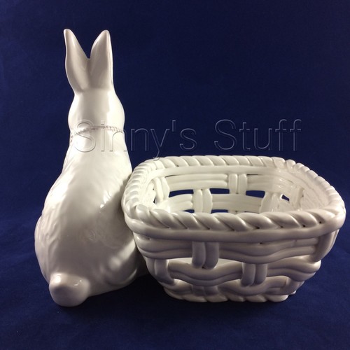 White Ceramic Bunny Rabbit Figure w Woven Basket Easter Candy Dish Bowl NWT