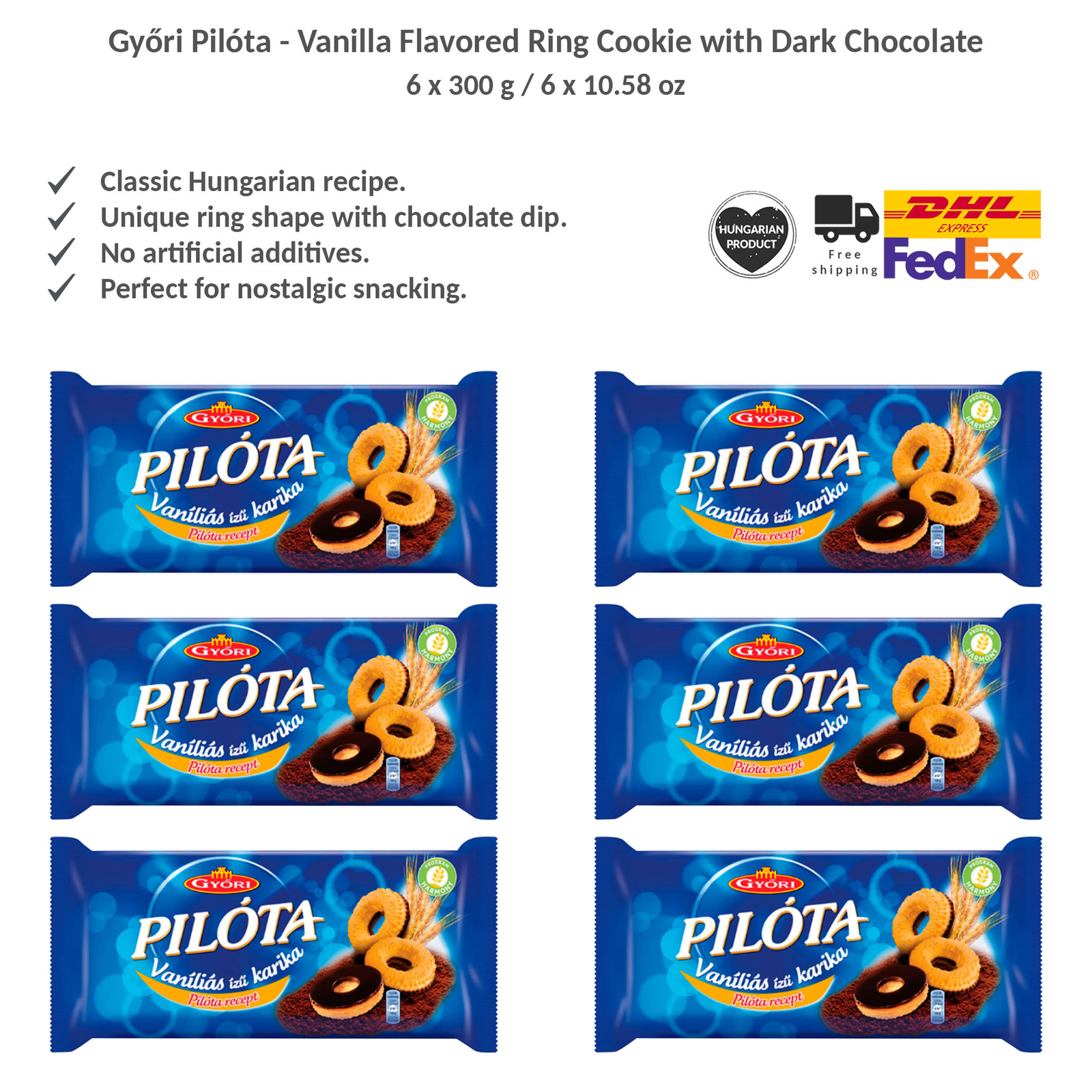 Original Győri Pilóta Vanilla Flavored Ring Cookie Dipped Dark Chocolate 300gx6