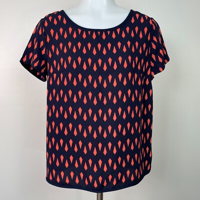 Buttons Top Small Navy Blue Orange Diamond Print Blouse Francesca's NWT