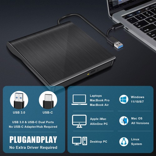 External DVD Drive USB 3.0 Type-C CD DVD +/-RW Optical Drive USB-C Burner Slim