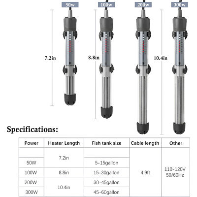 Submersible Aquarium Heater 50W/100W/200W/300W, Adjustable Temp for Fish Tank
