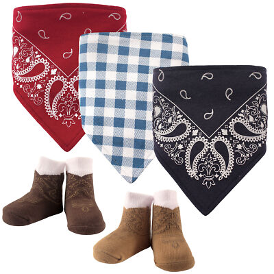 Hudson Baby Infant Boy Cotton Bib and Sock Set 5pk, Cowboy, 