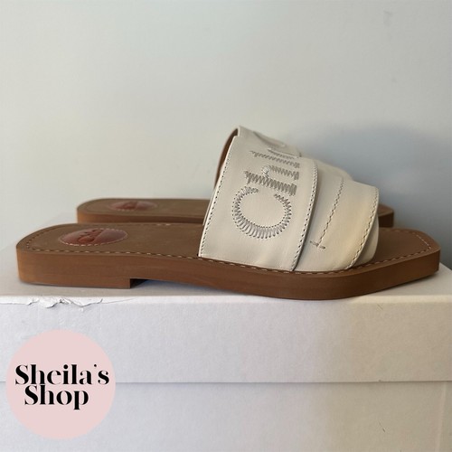 Pre-owned Chloé Chloe Woody Logo-embroidered White Leather Slide Sandals Size 37