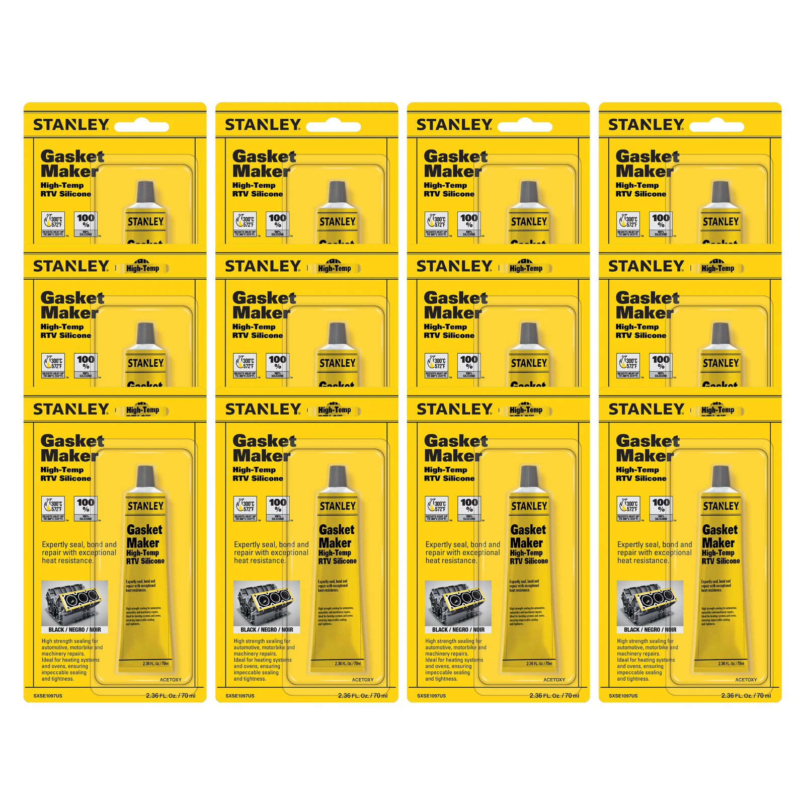 Stanley High-Temp RTV Silicone Gasket Maker Black ( 12x2.36 fl.oz )  12 Pack